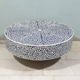 Bone Inlay Round Coffee Table With Brass Base Blue Floral Pattern Modern 100x100x40cm
